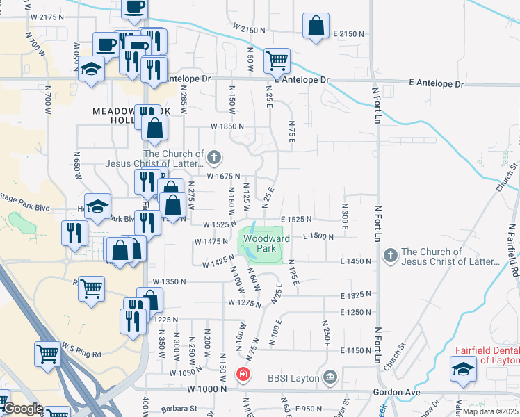 map of restaurants, bars, coffee shops, grocery stores, and more near 1583 North 25 East in Layton