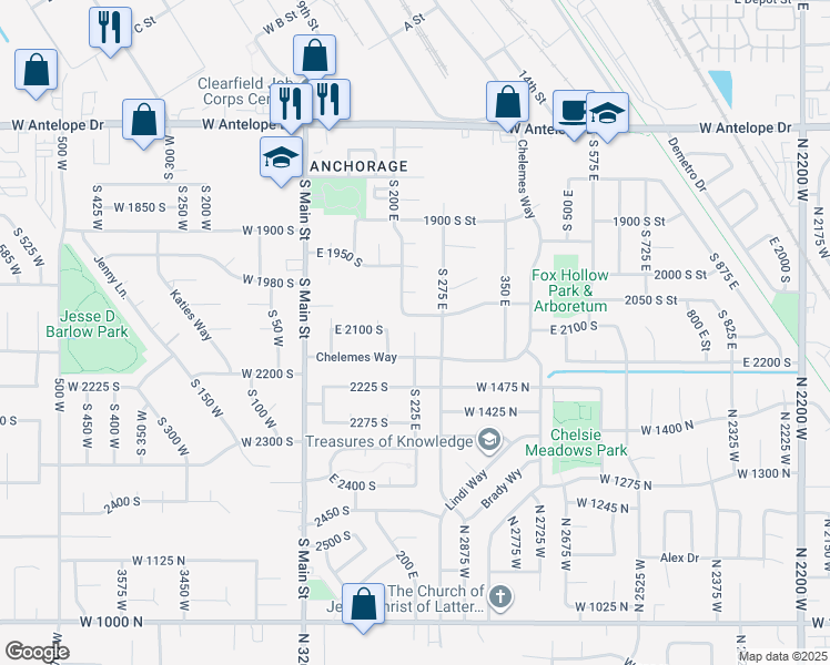 map of restaurants, bars, coffee shops, grocery stores, and more near 1690 South 225 East in Clearfield