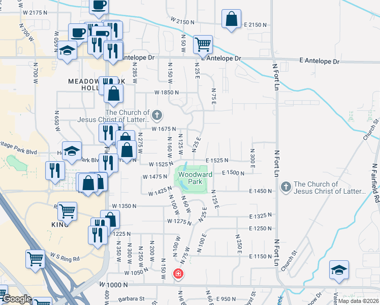 map of restaurants, bars, coffee shops, grocery stores, and more near 1583 North 25 East in Layton