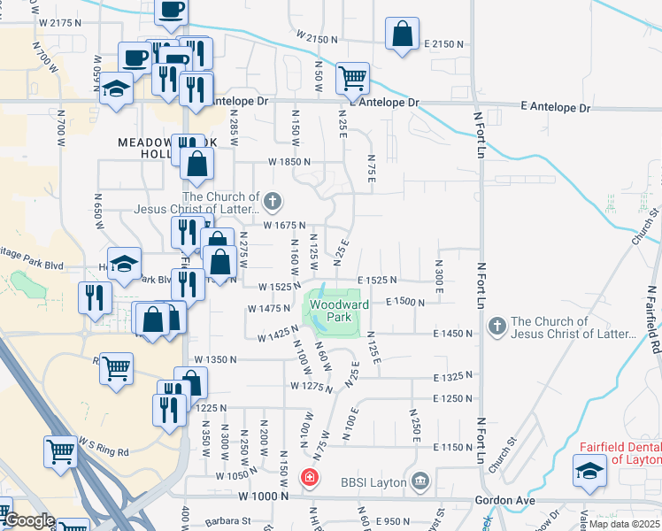 map of restaurants, bars, coffee shops, grocery stores, and more near 1583 North 25 East in Layton