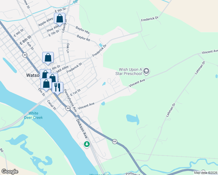 map of restaurants, bars, coffee shops, grocery stores, and more near Harmon Drive in Watsontown