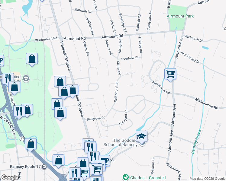 map of restaurants, bars, coffee shops, grocery stores, and more near 7 Moccasin Court in Mahwah