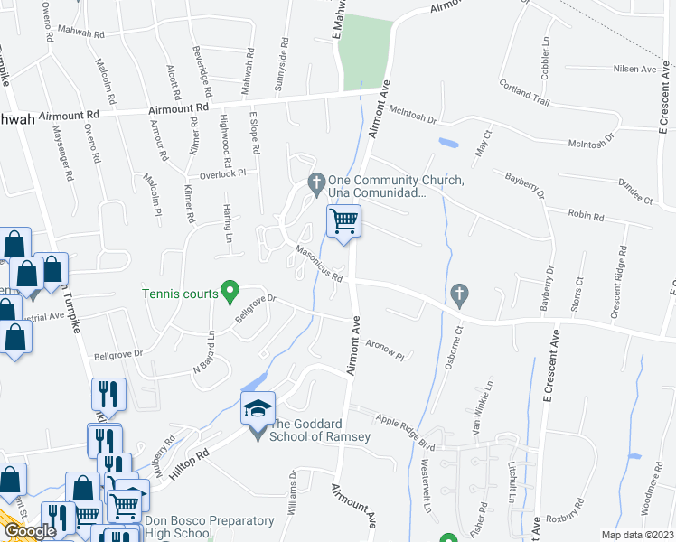 map of restaurants, bars, coffee shops, grocery stores, and more near 1040 Castle Road in Mahwah