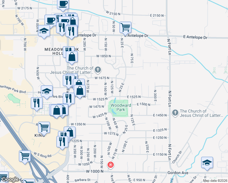map of restaurants, bars, coffee shops, grocery stores, and more near 1591 North 125 West in Layton