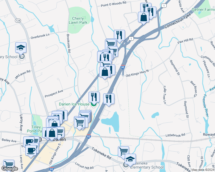 map of restaurants, bars, coffee shops, grocery stores, and more near 111 Old Kings Highway North in Darien