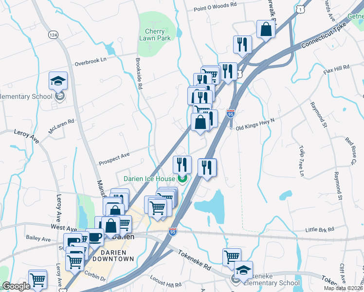 map of restaurants, bars, coffee shops, grocery stores, and more near in Darien