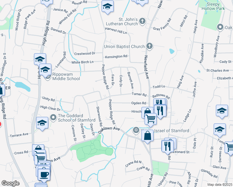 map of restaurants, bars, coffee shops, grocery stores, and more near 9 Fara Drive in Stamford