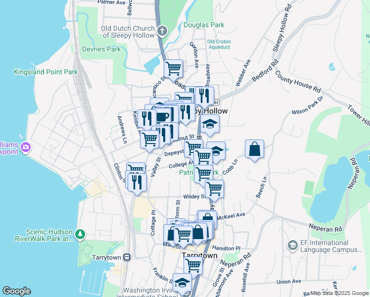 map of restaurants, bars, coffee shops, grocery stores, and more near 204 North Washington Street in Sleepy Hollow