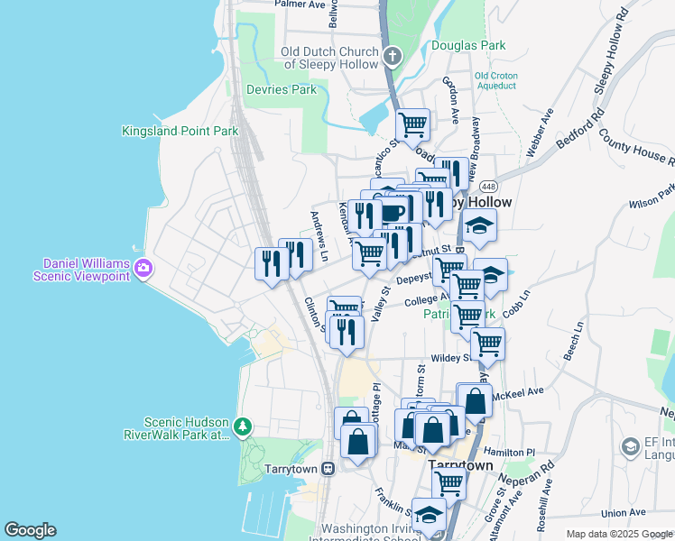 map of restaurants, bars, coffee shops, grocery stores, and more near 144 Beekman Avenue in Sleepy Hollow