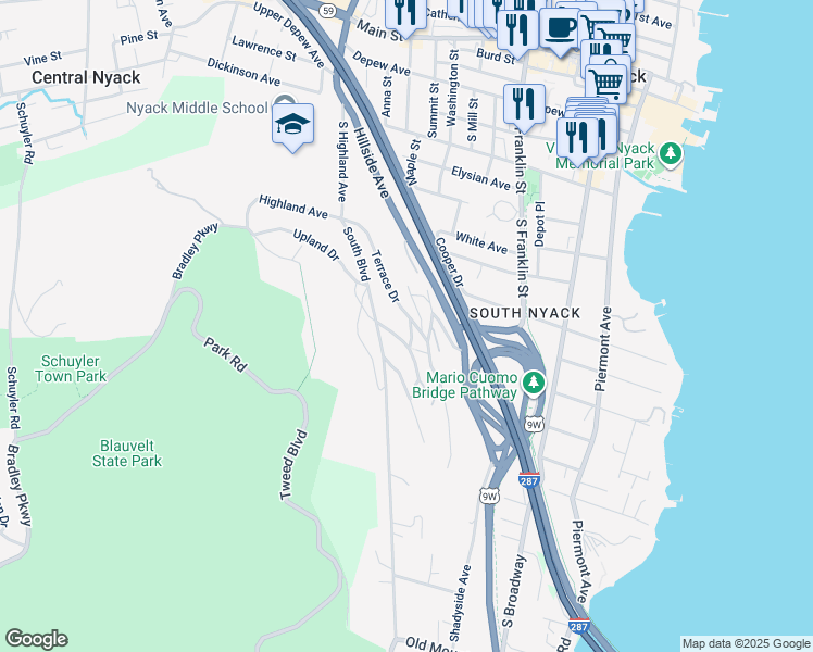 map of restaurants, bars, coffee shops, grocery stores, and more near 32 Terrace Drive in Nyack