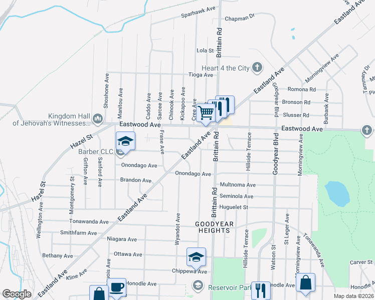 map of restaurants, bars, coffee shops, grocery stores, and more near 718 Eastland Avenue in Akron