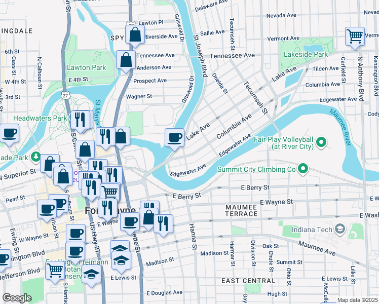 map of restaurants, bars, coffee shops, grocery stores, and more near 819 Columbia Avenue in Fort Wayne