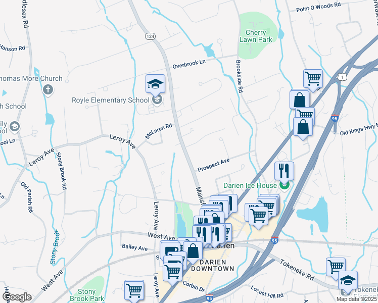 map of restaurants, bars, coffee shops, grocery stores, and more near 92 Mansfield Avenue in Darien