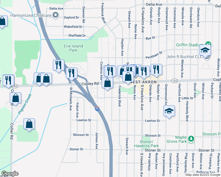 map of restaurants, bars, coffee shops, grocery stores, and more near 962 Valdes Avenue in Akron