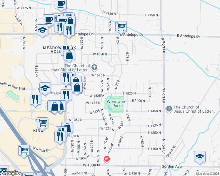 map of restaurants, bars, coffee shops, grocery stores, and more near 1591 North 125 West in Layton