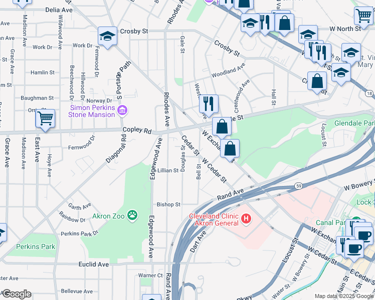 map of restaurants, bars, coffee shops, grocery stores, and more near 395 Douglas Street in Akron