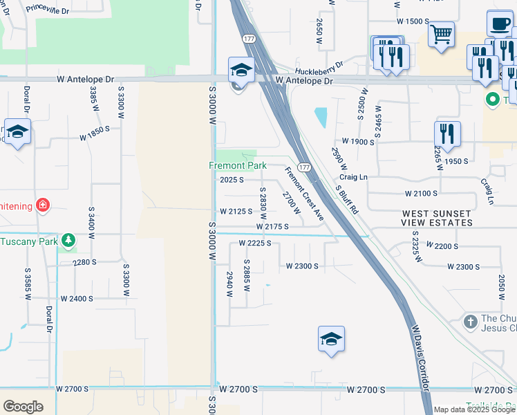 map of restaurants, bars, coffee shops, grocery stores, and more near 2848 West 2125 South in Syracuse