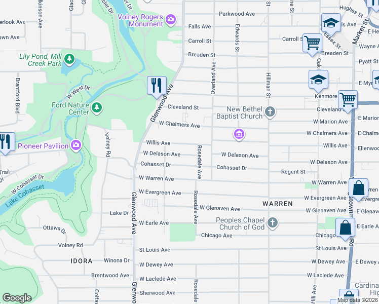map of restaurants, bars, coffee shops, grocery stores, and more near 529 Willis Avenue in Youngstown