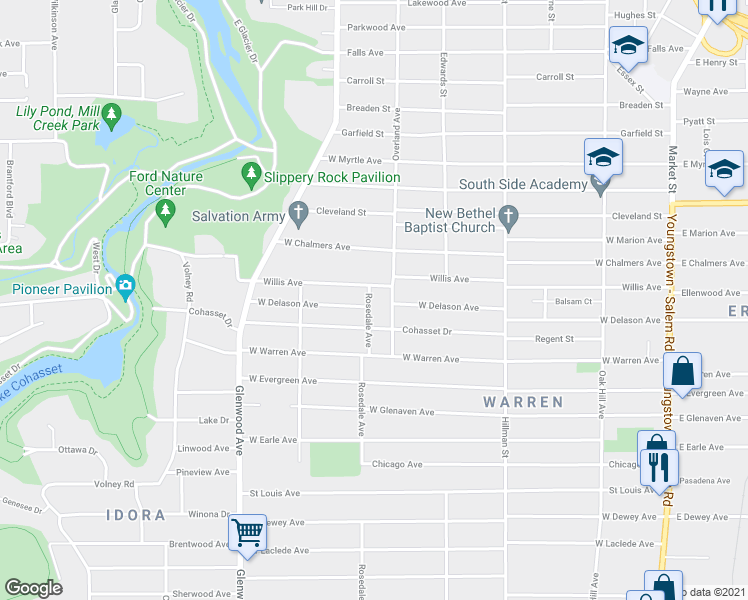 map of restaurants, bars, coffee shops, grocery stores, and more near 1721 Rosedale Avenue in Youngstown