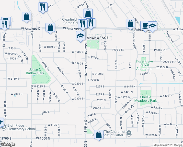 map of restaurants, bars, coffee shops, grocery stores, and more near 2086 South 50 East in Clearfield