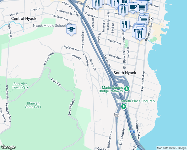 map of restaurants, bars, coffee shops, grocery stores, and more near 2 Chase Avenue in Nyack