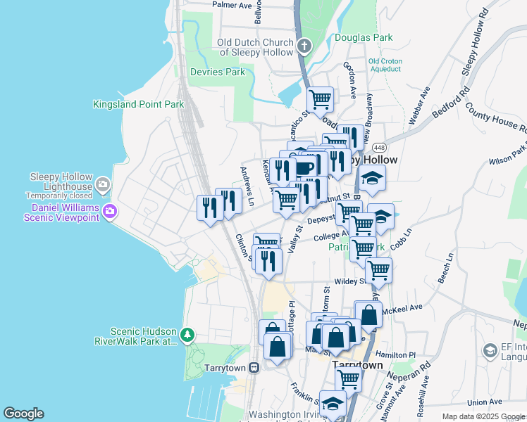 map of restaurants, bars, coffee shops, grocery stores, and more near 144 Beekman Avenue in Sleepy Hollow