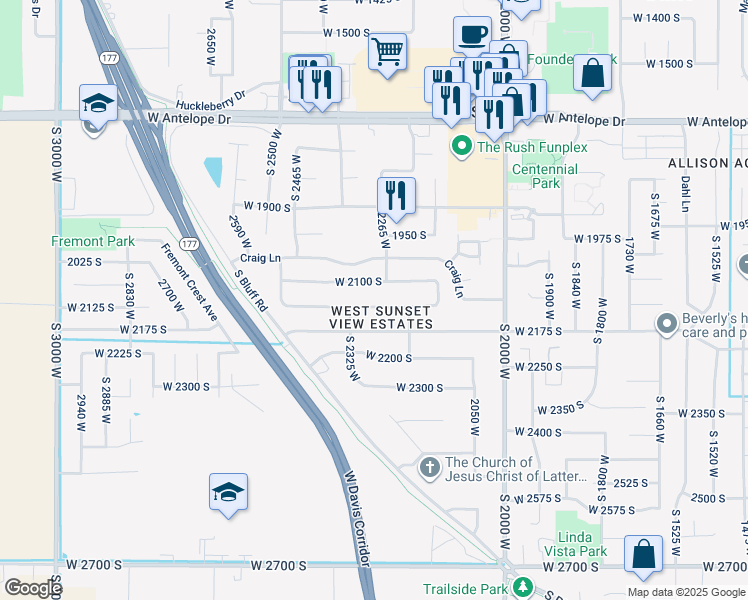 map of restaurants, bars, coffee shops, grocery stores, and more near 2261 West 2100 South in Syracuse