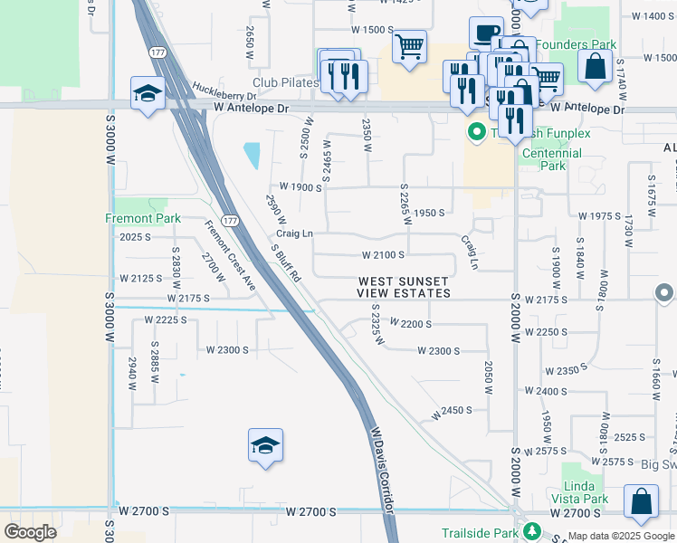 map of restaurants, bars, coffee shops, grocery stores, and more near 2422 West 2150 South in Syracuse
