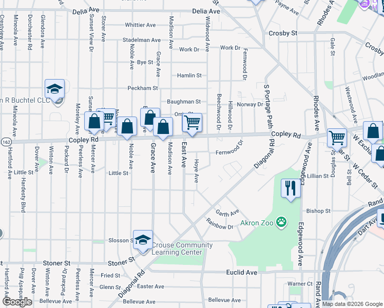 map of restaurants, bars, coffee shops, grocery stores, and more near 631 Fernwood Drive in Akron