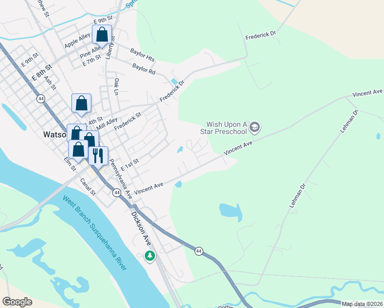 map of restaurants, bars, coffee shops, grocery stores, and more near Harmon Drive in Watsontown