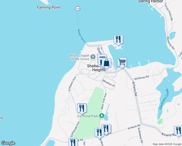 map of restaurants, bars, coffee shops, grocery stores, and more near 8 Wesley Avenue in Shelter Island