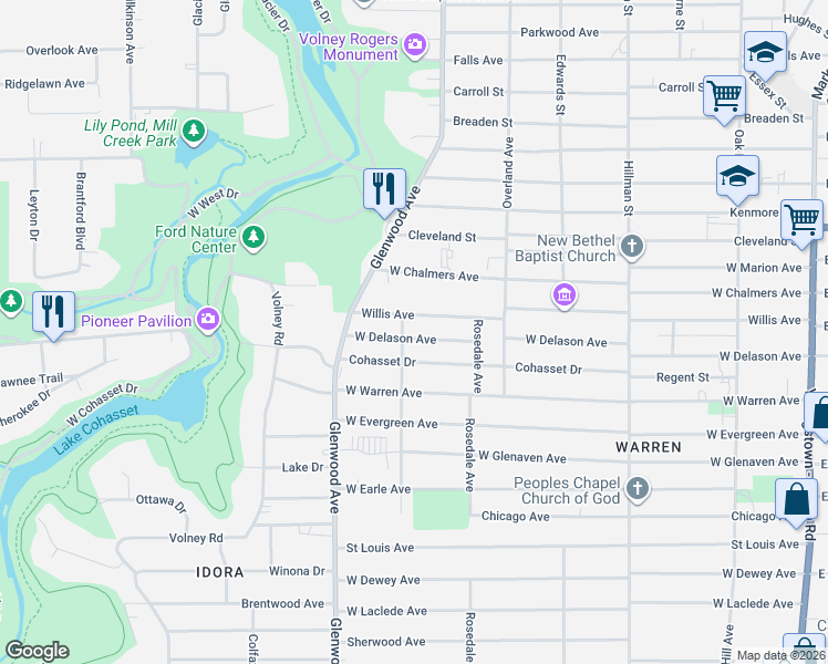 map of restaurants, bars, coffee shops, grocery stores, and more near 605 Willis Avenue in Youngstown