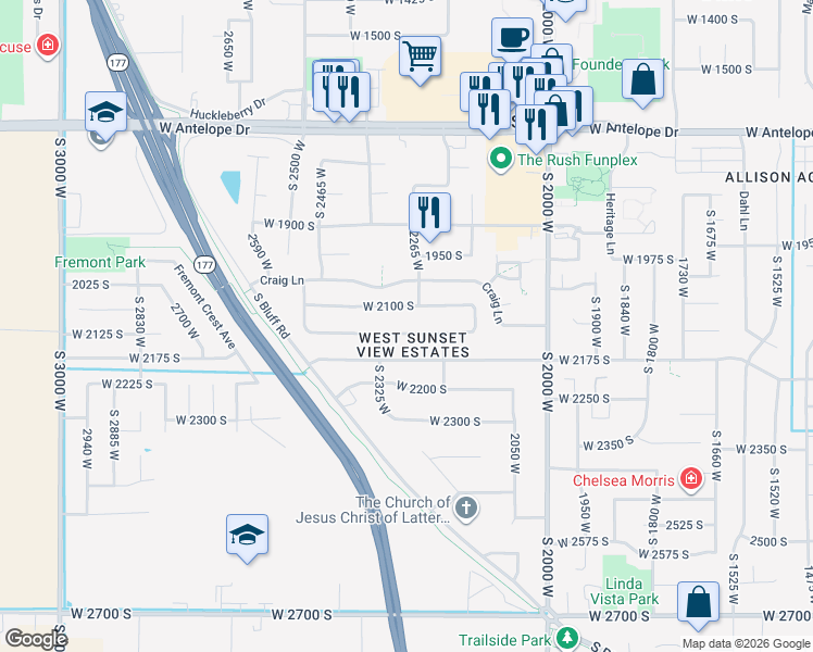 map of restaurants, bars, coffee shops, grocery stores, and more near 2261 West 2100 South in Syracuse