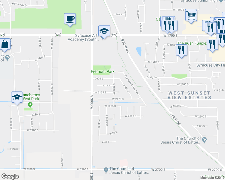 map of restaurants, bars, coffee shops, grocery stores, and more near 2881 West 2075 South in Syracuse