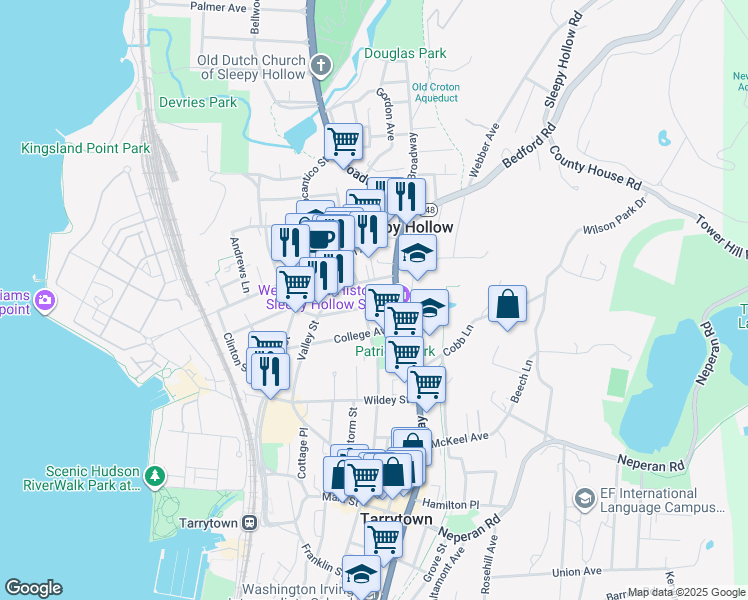 map of restaurants, bars, coffee shops, grocery stores, and more near 204 North Washington Street in Sleepy Hollow