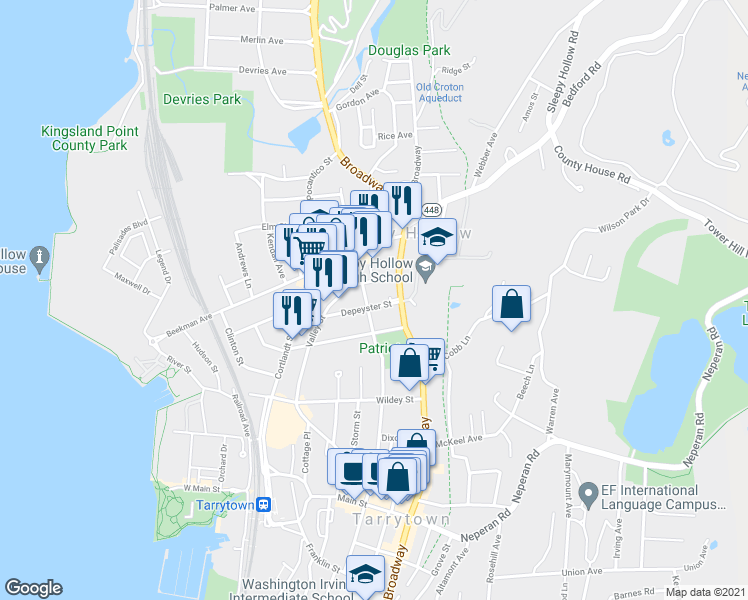 map of restaurants, bars, coffee shops, grocery stores, and more near 204 North Washington Street in Sleepy Hollow