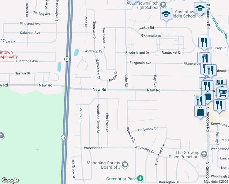 map of restaurants, bars, coffee shops, grocery stores, and more near 4821 New Road in Youngstown