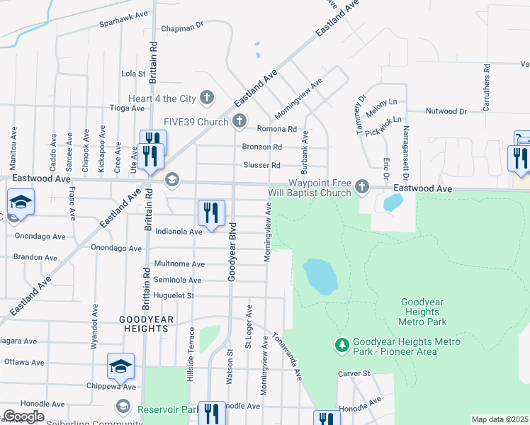 map of restaurants, bars, coffee shops, grocery stores, and more near 1620 Simcoe Avenue in Akron