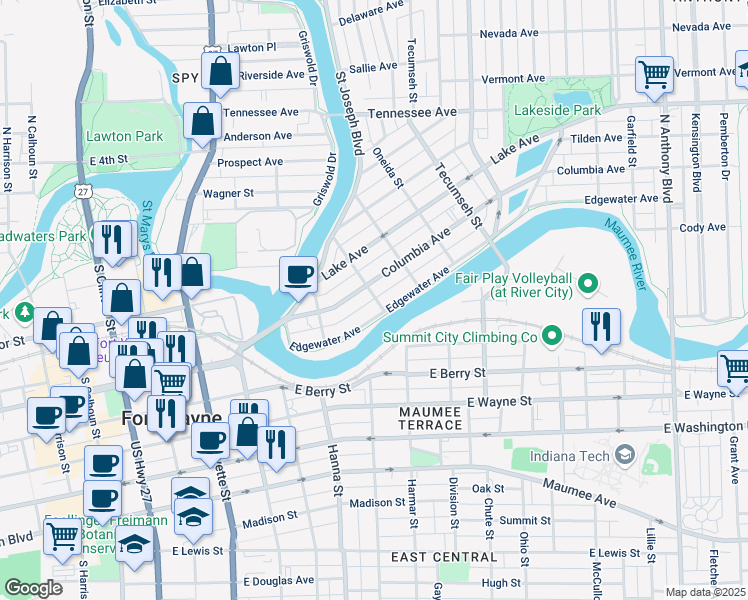 map of restaurants, bars, coffee shops, grocery stores, and more near 850 Columbia Avenue in Fort Wayne