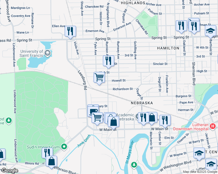 map of restaurants, bars, coffee shops, grocery stores, and more near 1020 Runnion Avenue in Fort Wayne