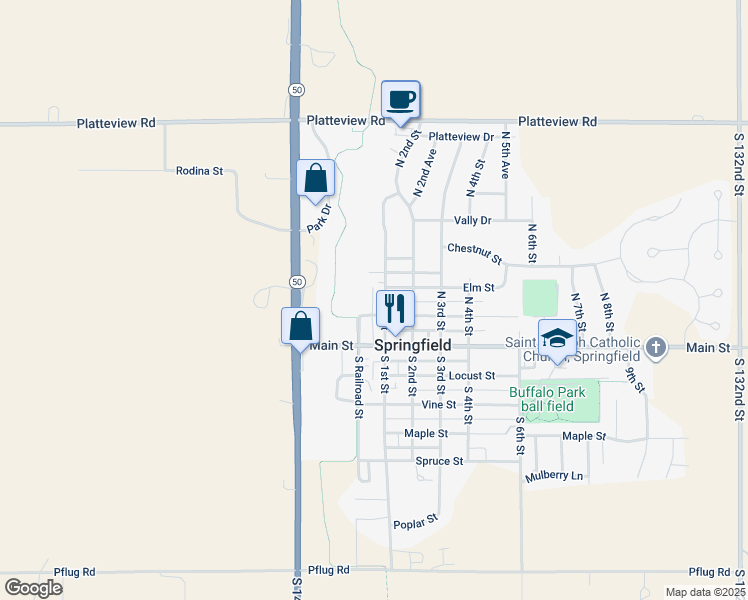 map of restaurants, bars, coffee shops, grocery stores, and more near 220 North 1st Street in Springfield
