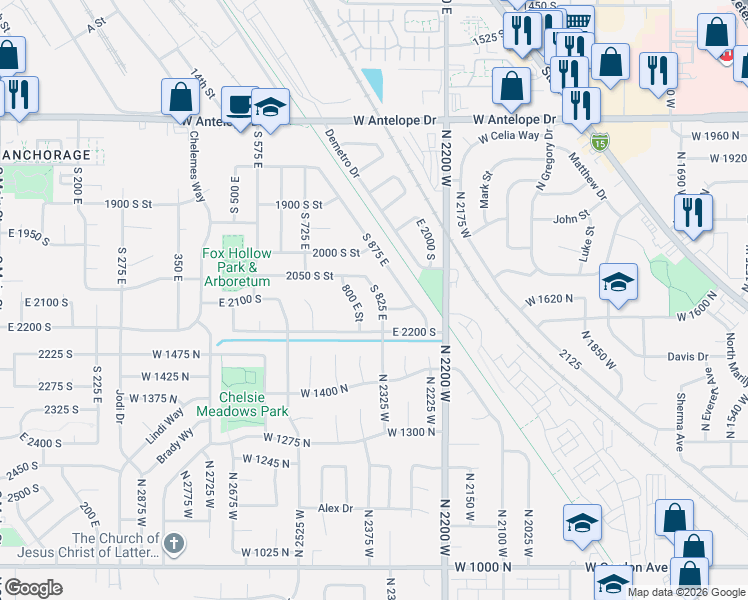 map of restaurants, bars, coffee shops, grocery stores, and more near 2114 South 825 East in Clearfield