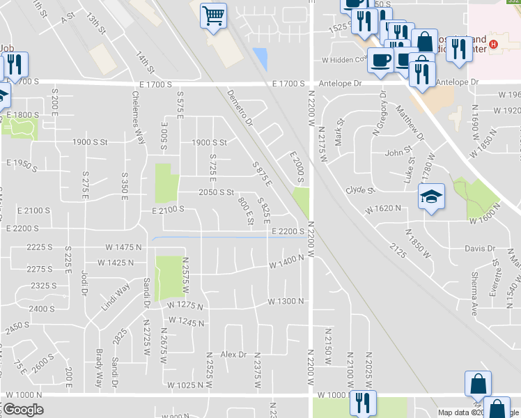 map of restaurants, bars, coffee shops, grocery stores, and more near 2114 South 825 East in Clearfield