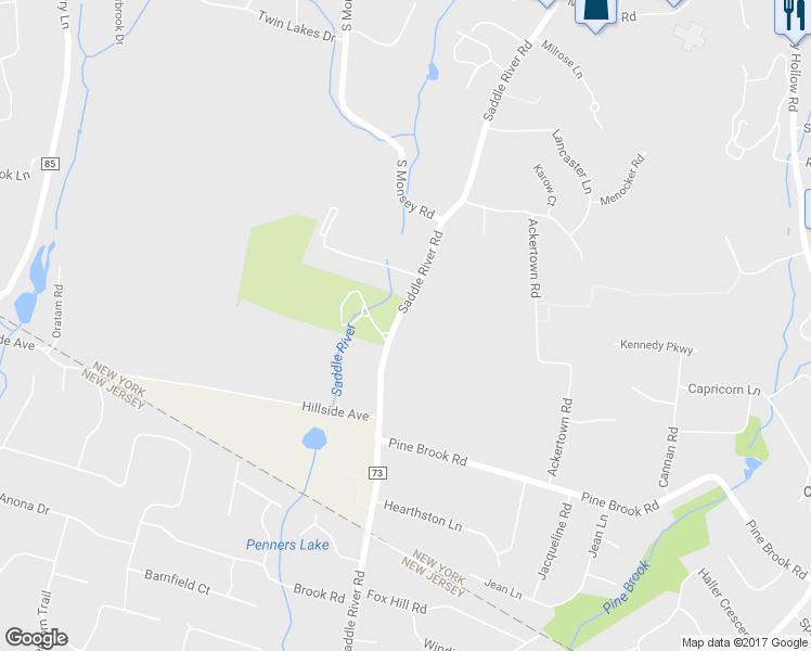 map of restaurants, bars, coffee shops, grocery stores, and more near 633 Saddle River Road in Airmont