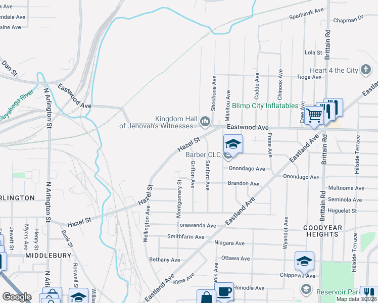 map of restaurants, bars, coffee shops, grocery stores, and more near 726 Grifton Ave in Akron