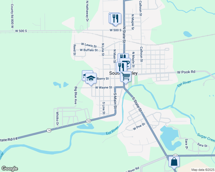 map of restaurants, bars, coffee shops, grocery stores, and more near 207 West Wayne Street in South Whitley