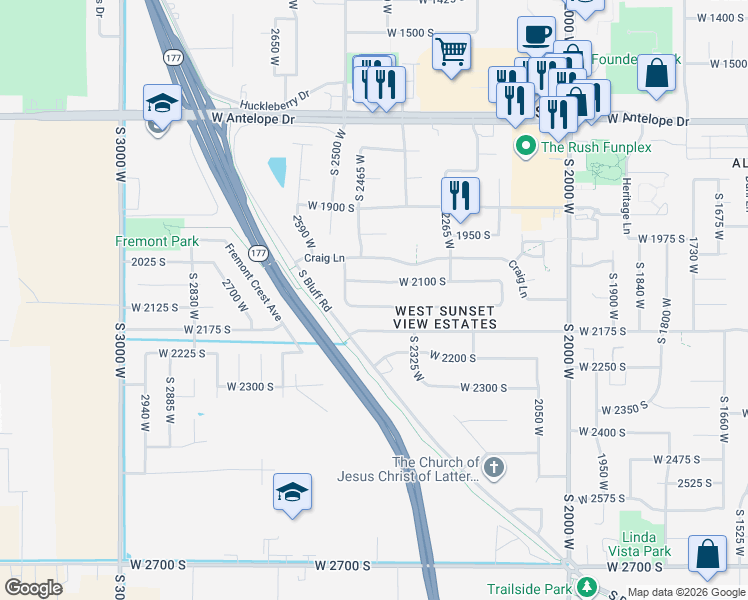 map of restaurants, bars, coffee shops, grocery stores, and more near 2407 West 2100 South in Syracuse