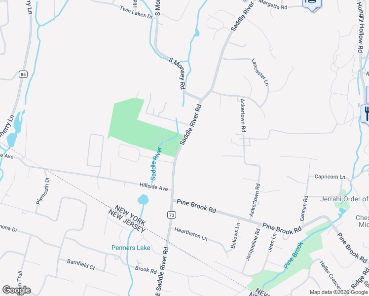 map of restaurants, bars, coffee shops, grocery stores, and more near 633 Saddle River Road in Airmont