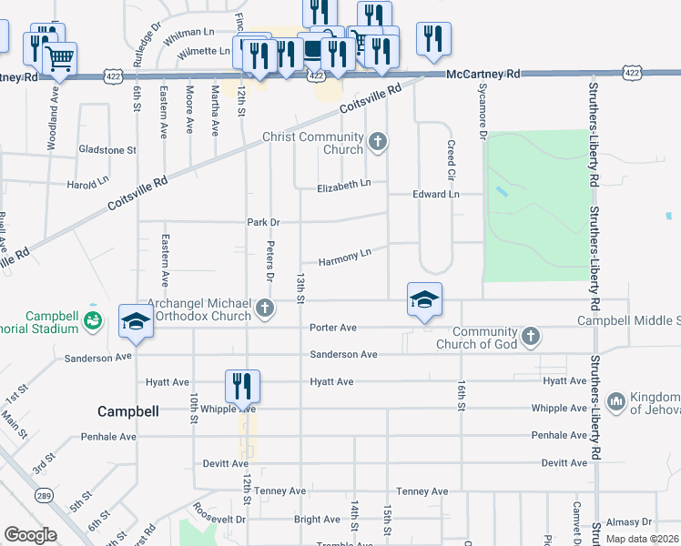 map of restaurants, bars, coffee shops, grocery stores, and more near 481 Harmony Lane in Campbell