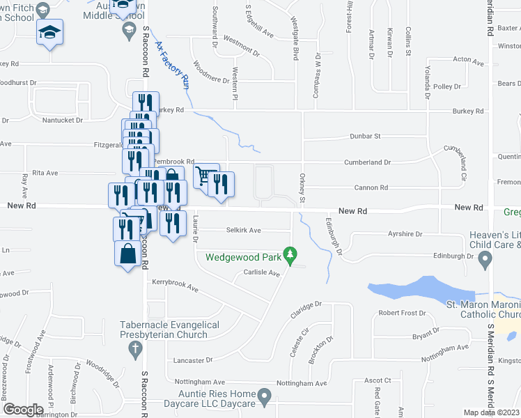 map of restaurants, bars, coffee shops, grocery stores, and more near New Rd & Fountain Square Dr in Austintown